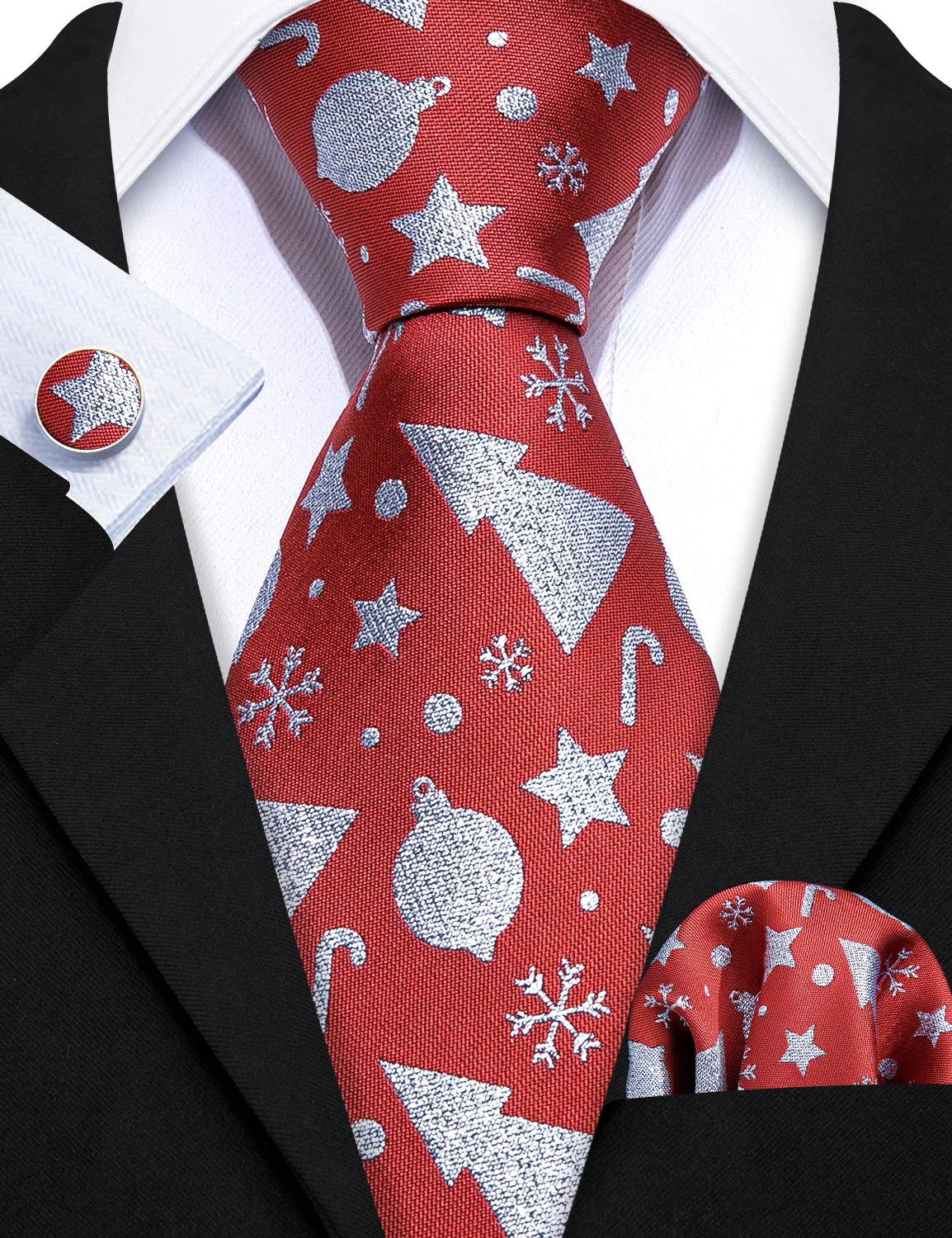 Christmas Red Tie Set 3 Pieces Men Necktie Pocket Square Cufflinks Xmas Wedding Party Suit Accessories Gifts for silk Boyfriend Qme LDSN5388