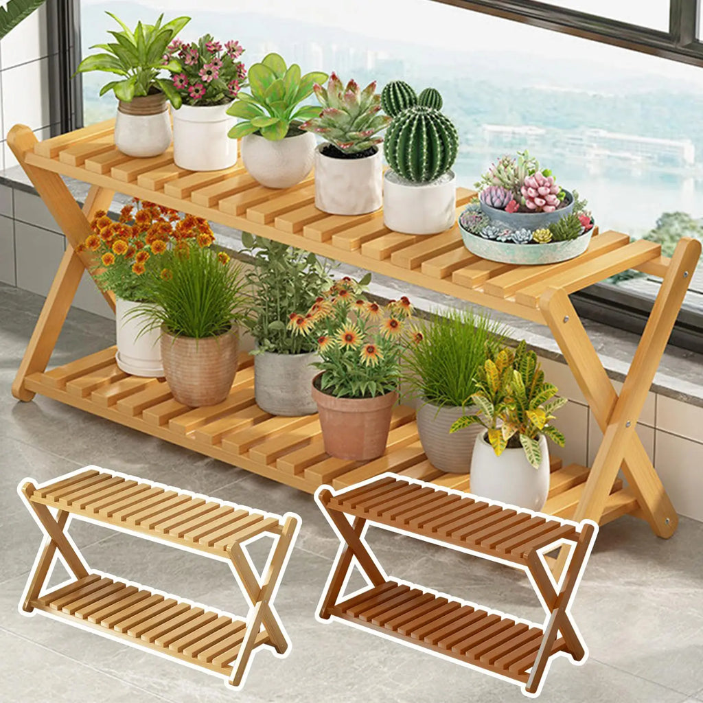 Wood Plant Stand Indoor 2 Tier Flower Pot Holder Outdoor Patio Garden Qme