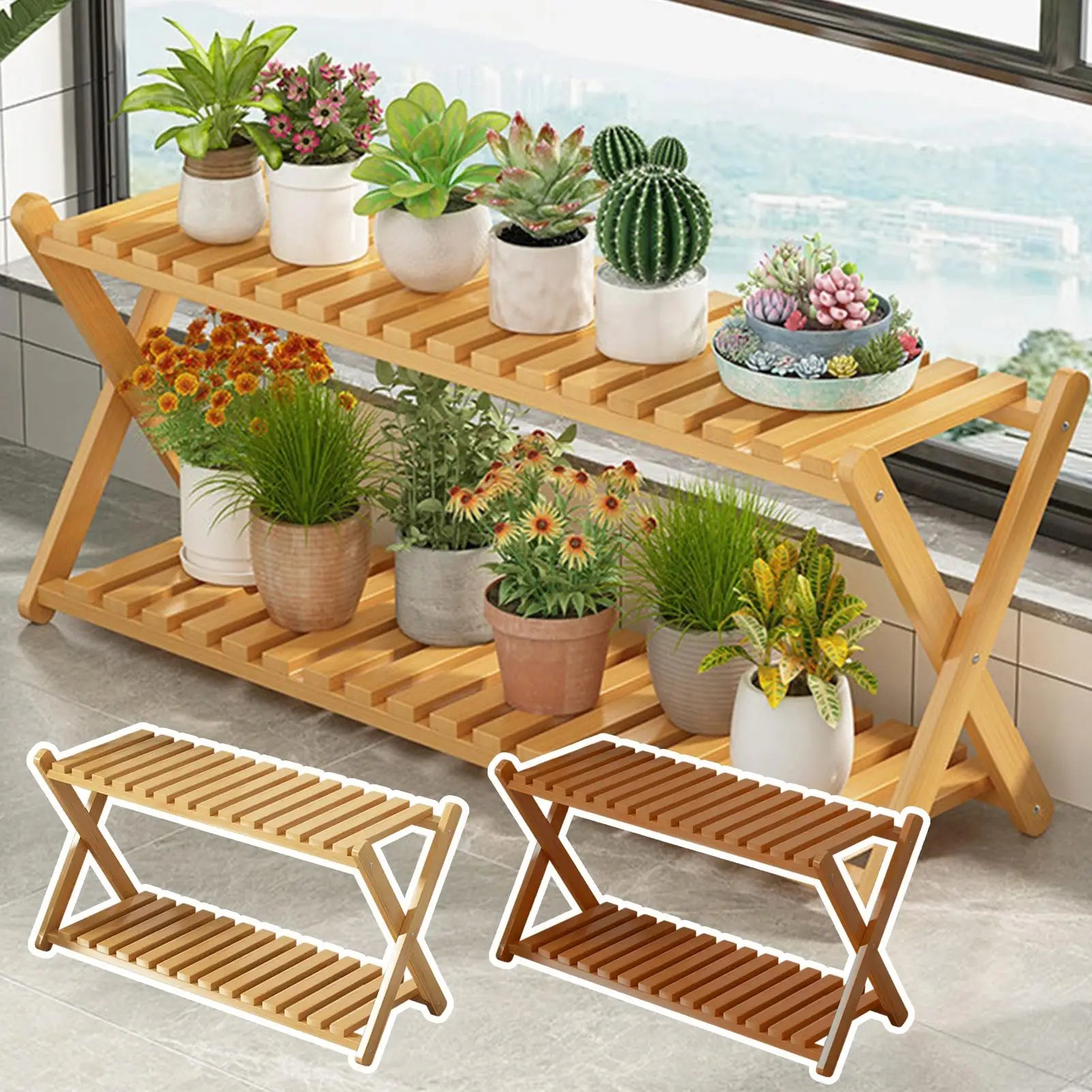 Wood Plant Stand Indoor 2 Tier Flower Pot Holder Outdoor Patio Garden Qme