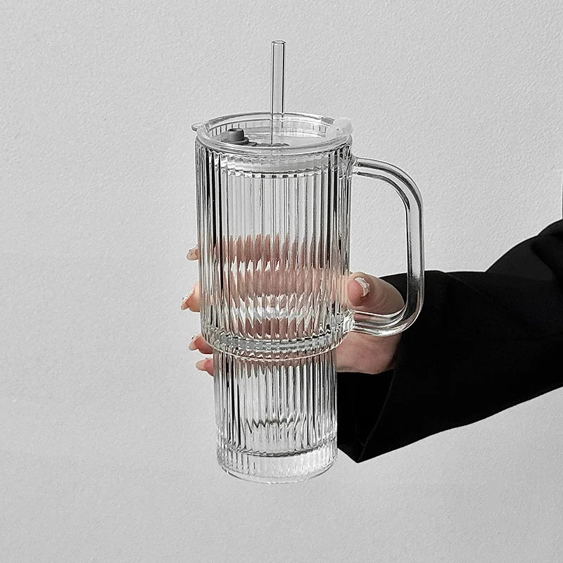 Vertical Striped Glass Cup With Handle Lid Straw Large Clear Tumbler Iced Coffee Tea Juice Cup Summer Portable Drinking Mug Qme Transparent 600ml