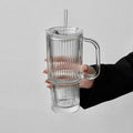Vertical Striped Glass Cup With Handle Lid Straw Large Clear Tumbler Iced Coffee Tea Juice Cup Summer Portable Drinking Mug Qme Transparent 600ml