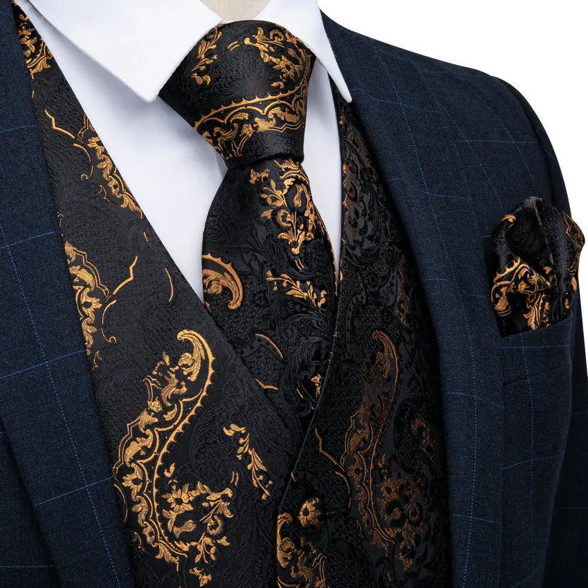 Men's Luxury Paisley Suit Vest & Tie Set – Formal Waistcoat with Necktie Pocket Square, Perfect for Weddings and Business Events Qme