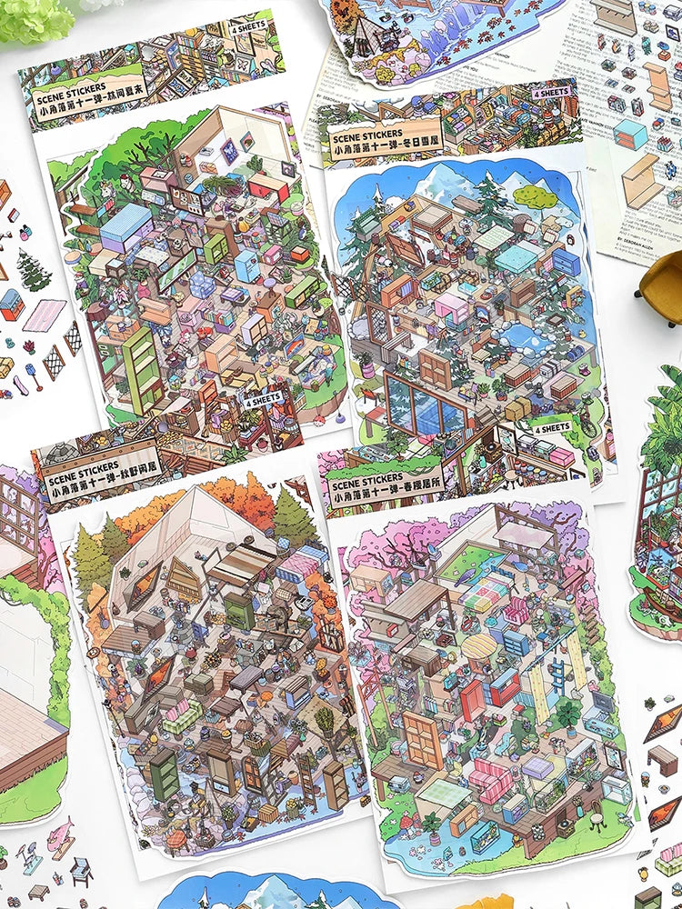 Art Scene Sticker Set, Miniature DIY Decor Stickers, Stress Relief & Healing, High Aesthetic Value for Collection & Gifting Qme 4 pcs