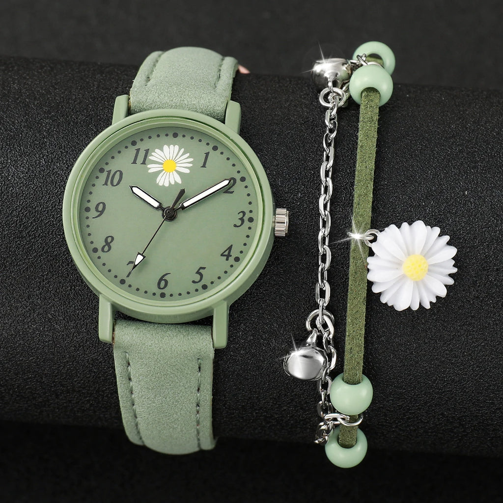 Relógio de quartzo casual árabe feminino, pulseira de couro, conjunto de pulseiras, flor, moda, 2 peças Qme