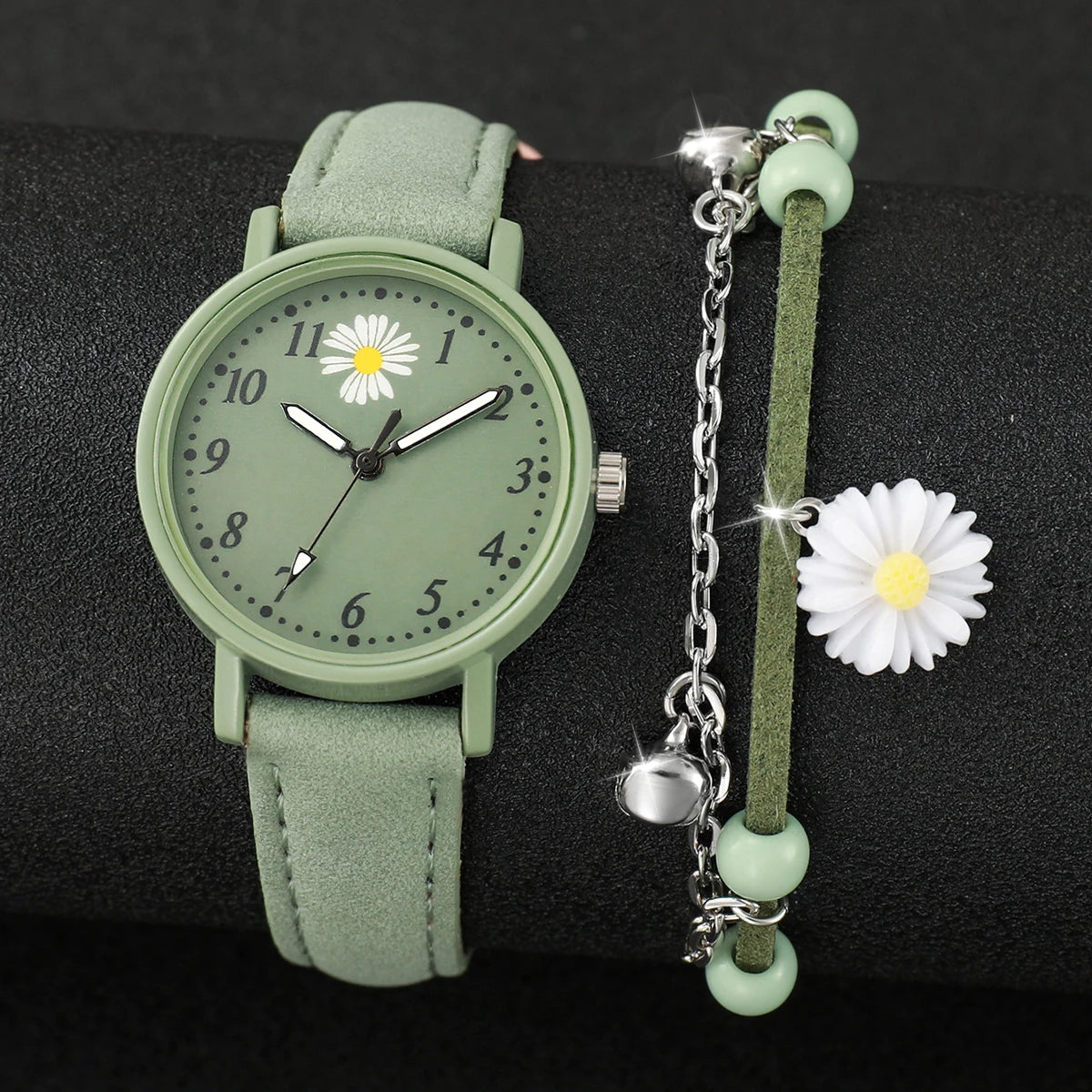 Relógio de quartzo casual árabe feminino, pulseira de couro, conjunto de pulseiras, flor, moda, 2 peças Qme