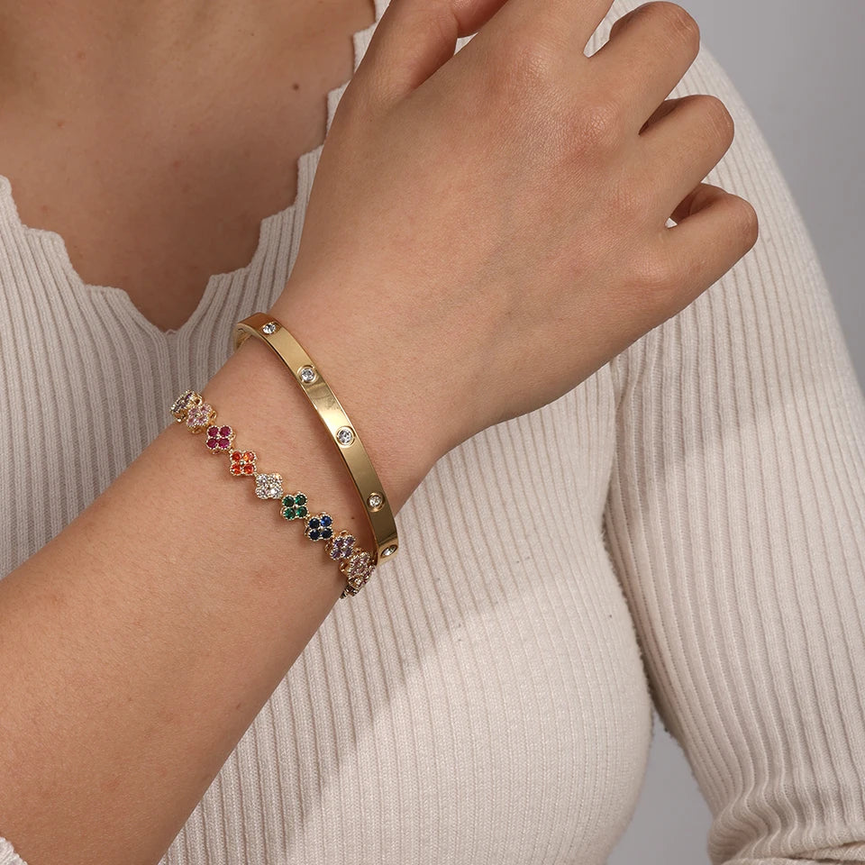 Colorful Shiny Zircon Five-leaf Flower Stacked Bracelet Bangles 18K Qme