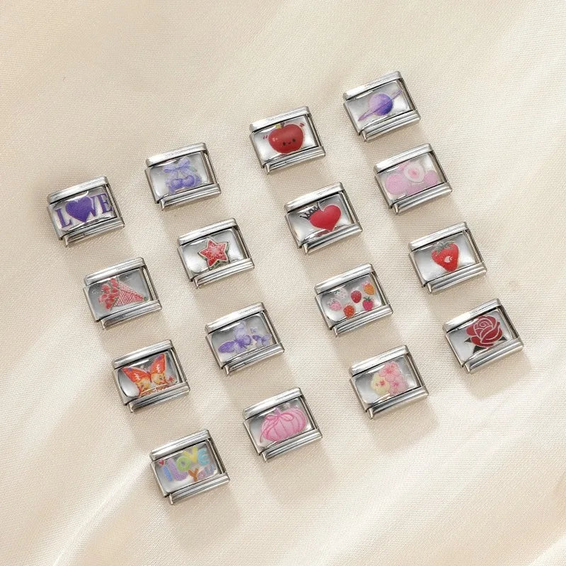 2026Fashion Pretty Colour Bow Cherry Flower Peach Blossom Charm Italian Links Fit 9mm Stainless Steel Bracelet Making DIYJewelry Qme
