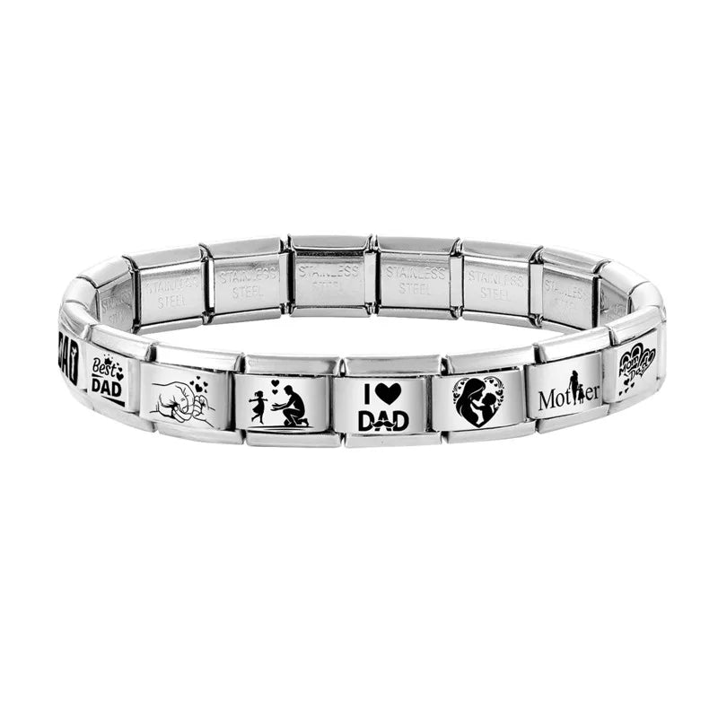Black Laser Engraving Dad Mom Father's Day Mother's Day Italian Charm Link Fit 9mm Stainless Steel Bracelet DIY Making Jewelrys Qme