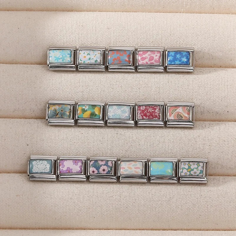 Fashion Oil Painting Green Background Color Flowers Italian Charm Links Fit 9mm Stainless Steel Bracelet Jewelry DIY Making Bead Qme
