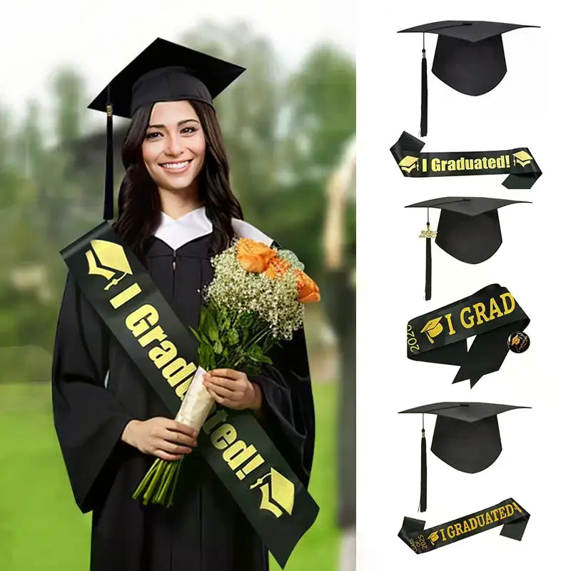 Class Of 2026 Black Golden Satin Sash Bachelor Cap With Tassel Graduation Shoulder Strap Congrats Grad Party Photo Props Qme