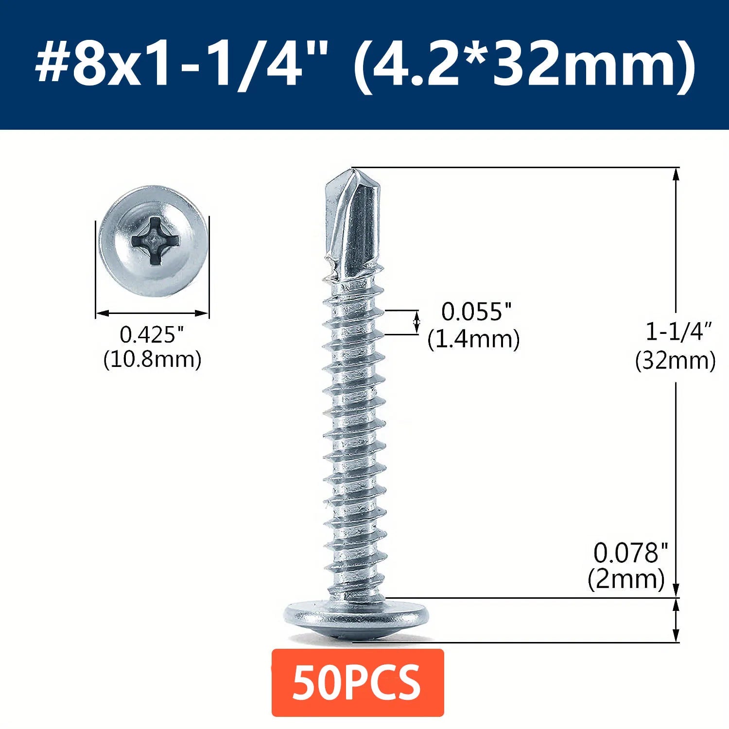 #8 Phillips Truss Head Self Drilling Tek Screw Zinc Oxide Sheet Metal Screws Fast Self Tapping Screws Lath to Metal Studs 100Pcs Qme 50pcs 32mm