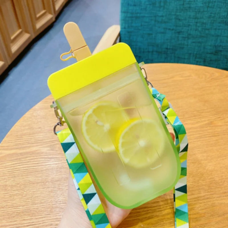 300ml popsicle ice cream cup, crossbody plastic straw water cup, simple and creative, portable cup, straw anti drop water bottle Qme yellow <500ml