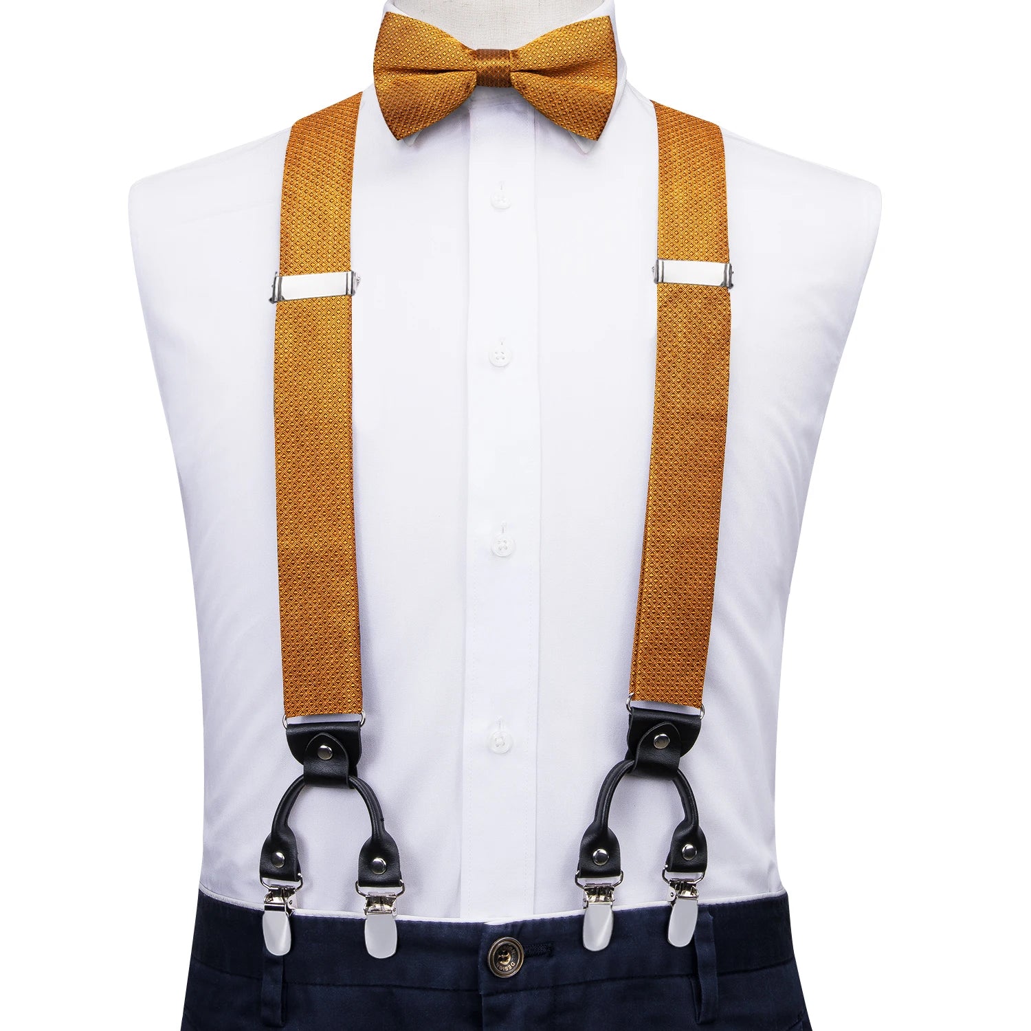 Silk Woven Mens Suspenders Bow Tie Hanky Cufflinks Strength 6 Clips Qme BD-3067