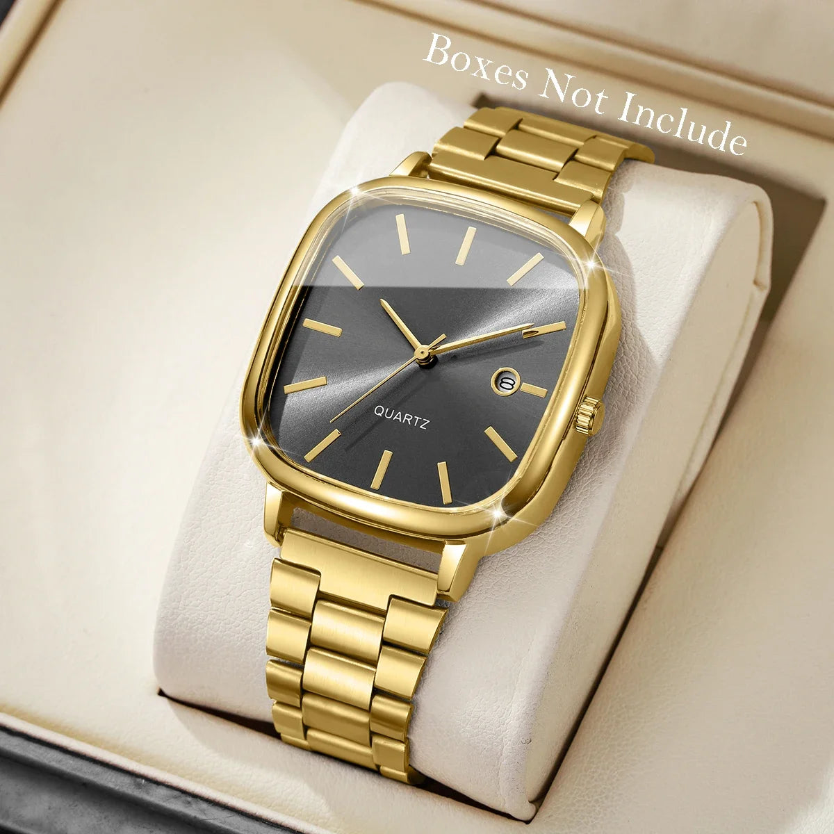 Steel strap watch, retro silver square watch, calendar, high-end feel, men's and women's commuting watch Qme Gold Black No Box