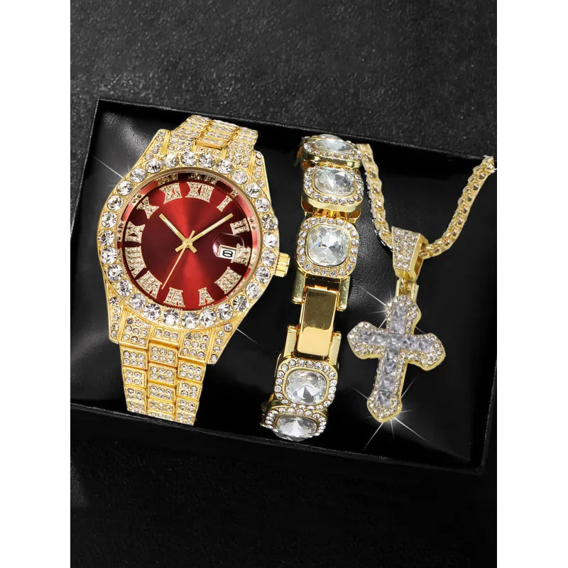 Men's Full Diamond Two-tone Watch and Jewelry Combo Set, Iced Out Green Stone Bracelet + Cross Pendant + Watch, Perfect Gift Qme black