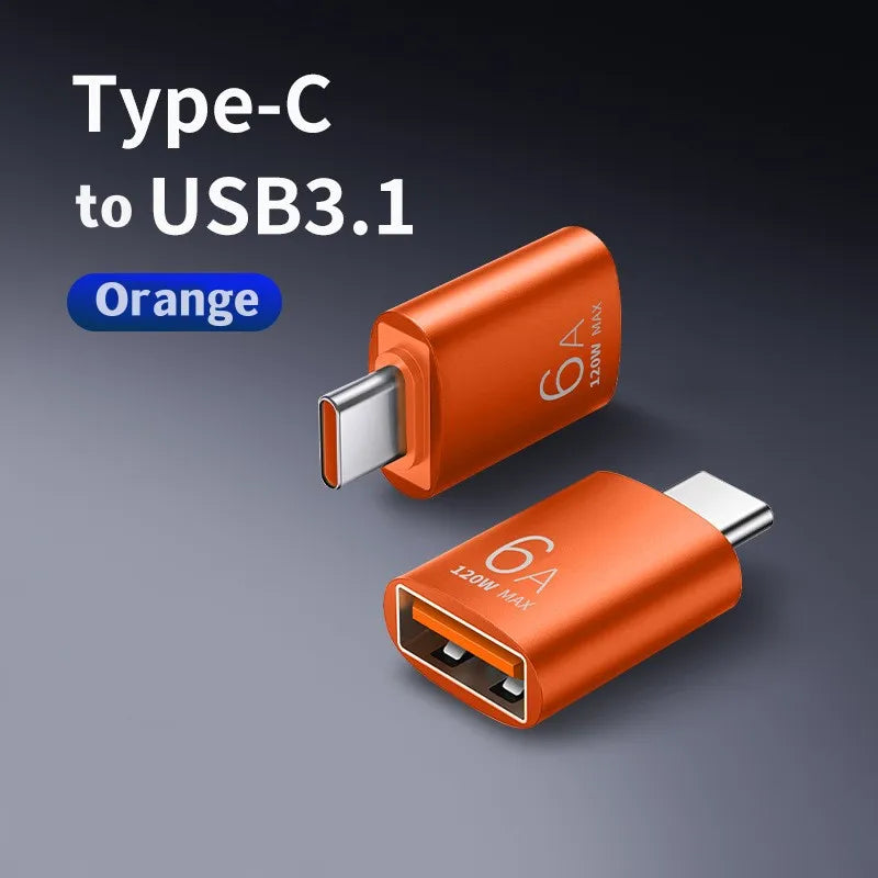 OTG Type C To USB Adapter Data Transmission 120W 6A Type C Male To USB Female for Macbook Laptop/ Xiaomi /Samsung USBC Adaptador Qme Orange