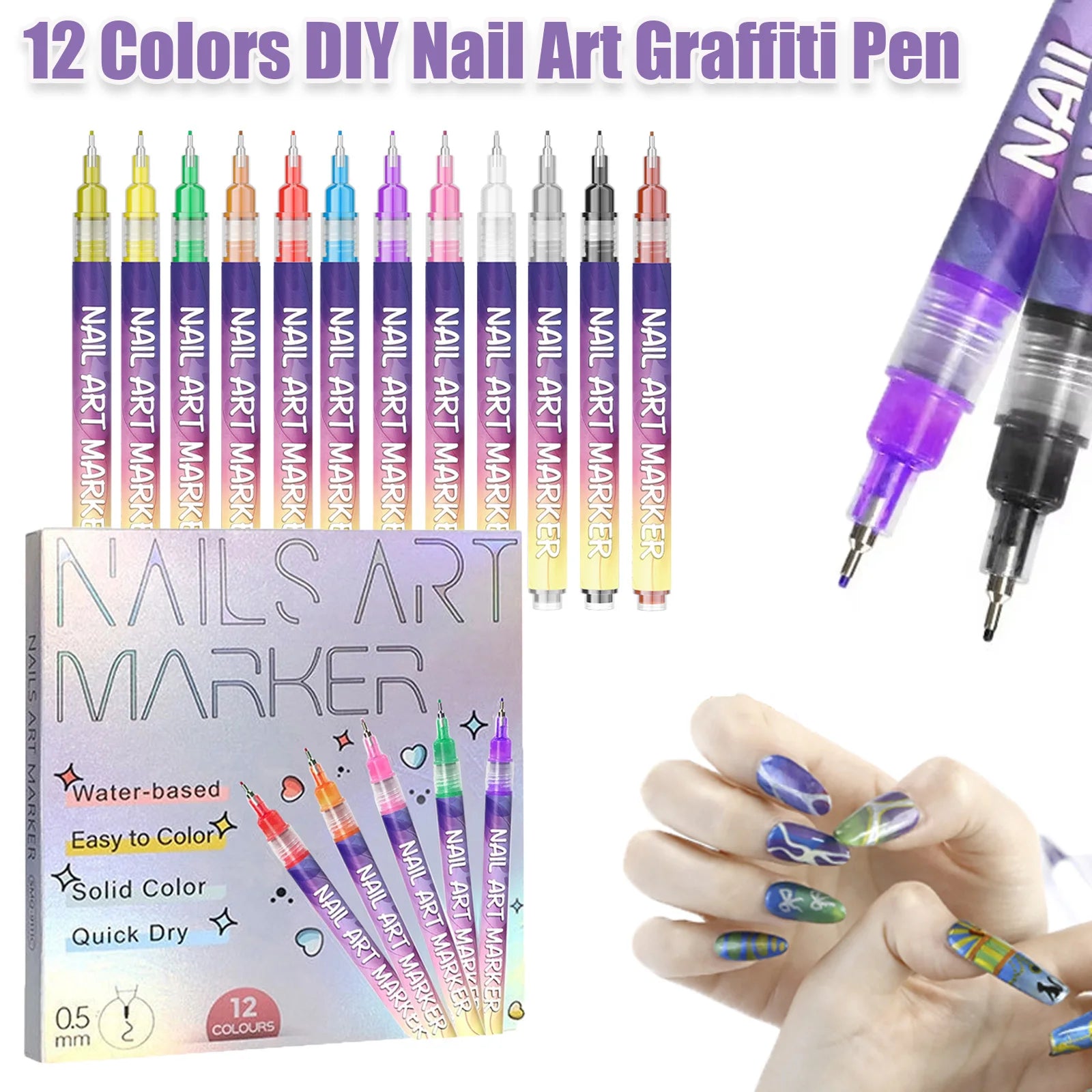 12Pcs/Set Nail Acrylic Graffiti Pen 12 Color Nail Marker DIY 3D Nail Art Drawing Pen Abstract Line Manicure Tool Painting Liner Qme