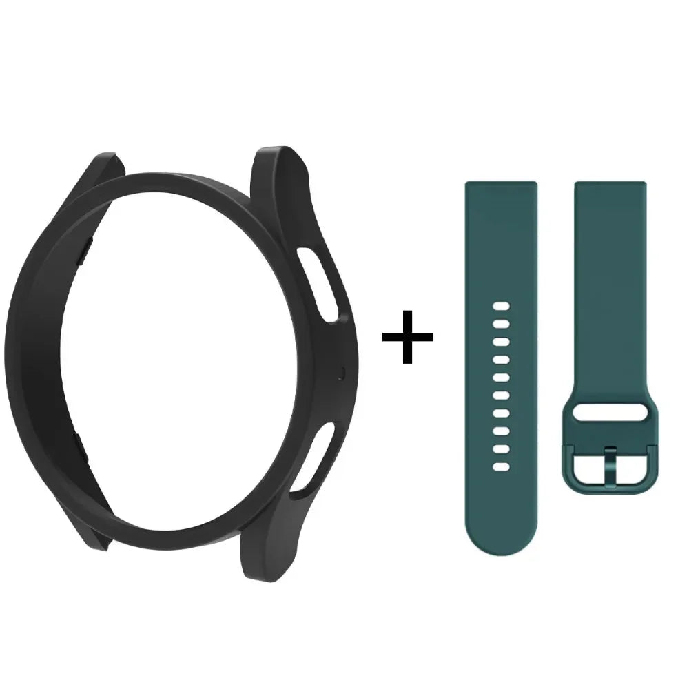 Strap+Case for Samsung Galaxy Watch 6/5/4 40mm 44mm PC Hollow Bumper for Galaxy Watch 4/6 Classic 42mm 46mm 43mm 47mm Band+Cover Qme Black-DGr Galaxy Watch 4 44mm