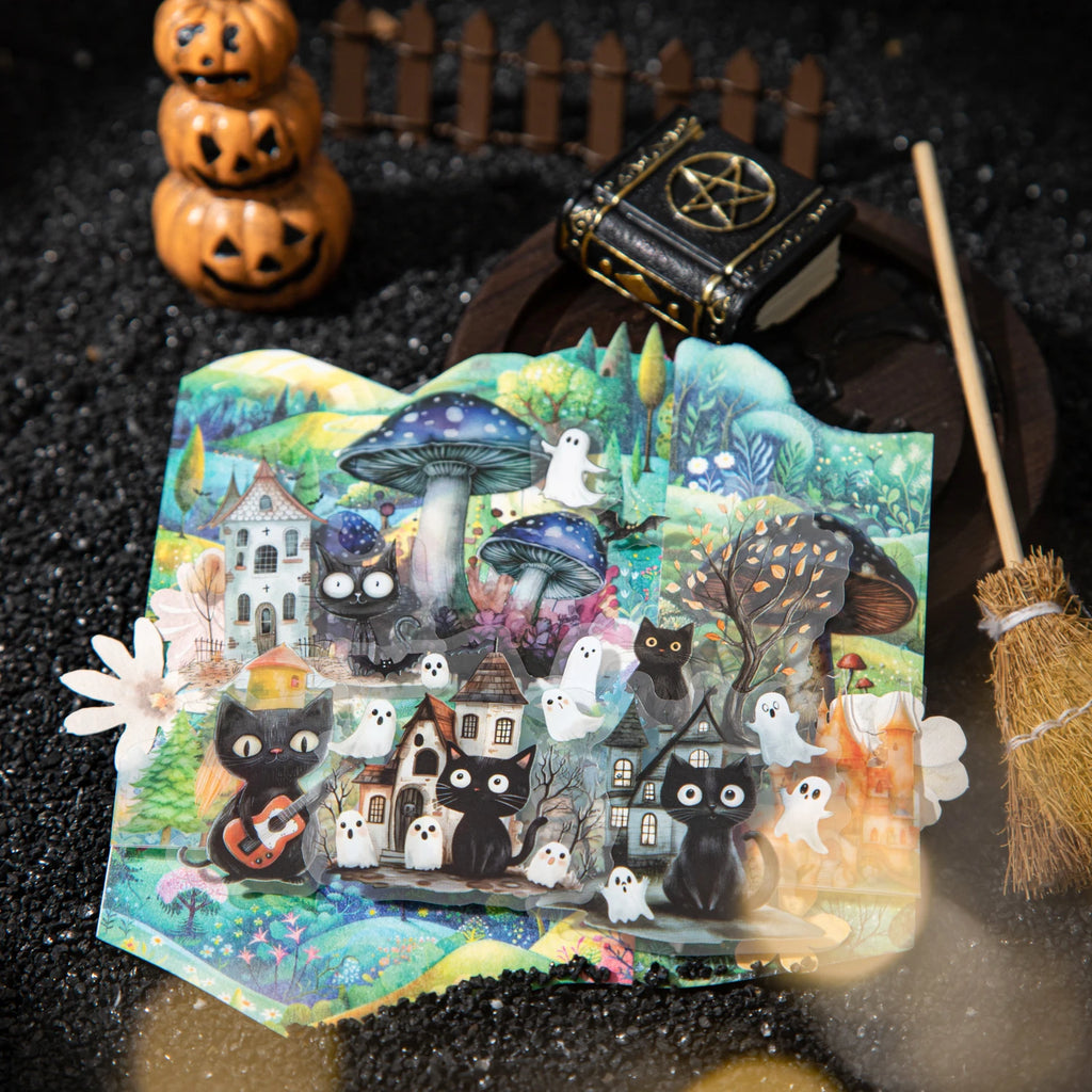 Halloween Cat Pumpkin Stickers 20 Sheets PET Waterproof DIY Scrapbook Journal Laptop Phone Case Decoration for Kids Adults Qme