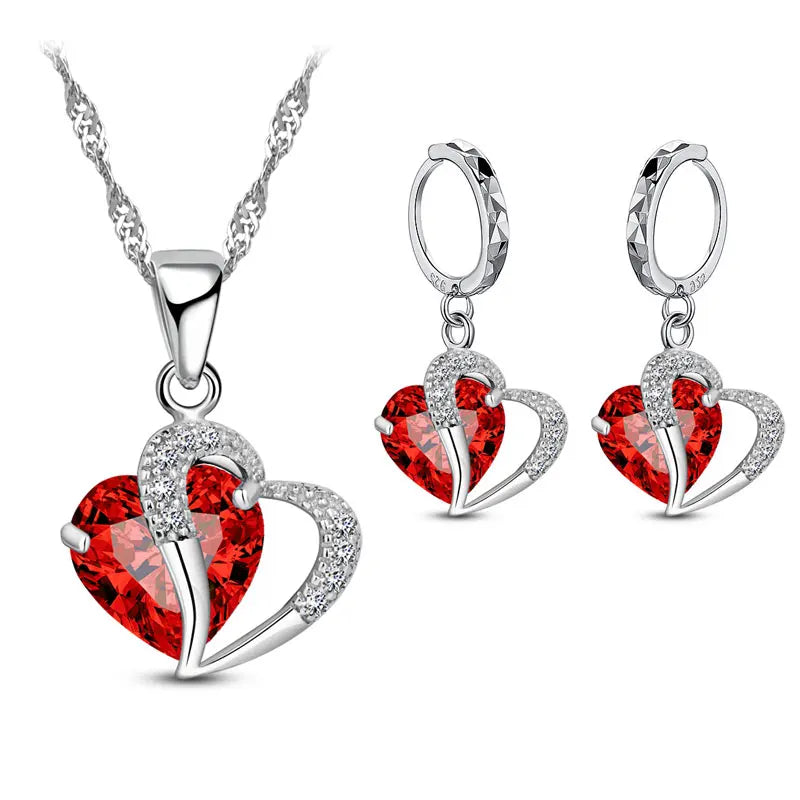 Bridal Jewelry Set Heart CZ Crystal 925 Sterling Silver Color Pendant Necklace Earrings for Women Wedding Anniversary Gifts Qme