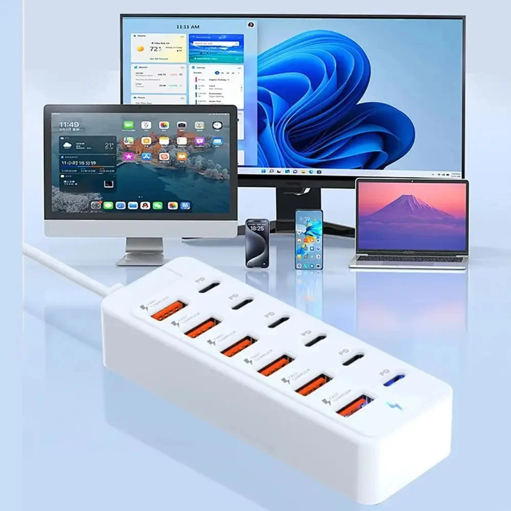 12 in 1 USB Power Strip Multi Ports Desktop Charging Phone Charger Station USB C Electrical Socket Adapter PD Type C HUB Charger Qme