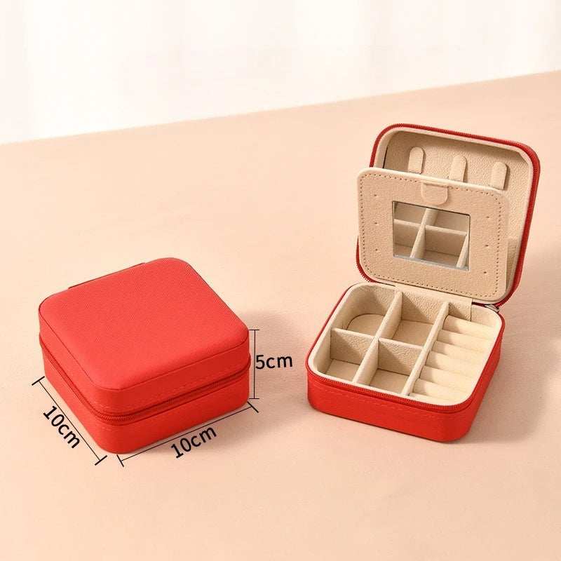 1pc Single Layer Square Storage Box Ladies Travel Leather Jewelry Box Classic Various Colors Storage Box with Mirror Qme Red