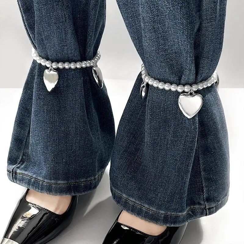 Heart Bow Charm Anklet Trouser Chain Imitation Pearl Beaded Ankle Chain Adjustable Foot Jewelry Women Girls Fashion Accessories Qme