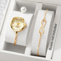 2PCS Elegant Women Quartz Watch Bracelet Set Fashion Pearl Opening-cuff Bangle Girls Wristwatches Qme Gold No
