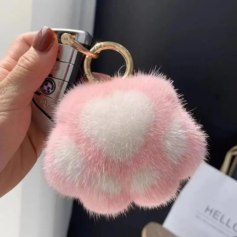 Cat Paw Pendant Keychain Fluffy Kawaii Faux Fur Keychain Cute Stuffed Toy Plush Toy Key Ring Backpack Car Key Pendant Qme pink white 5CM