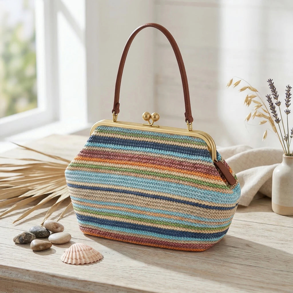 Straw Purses and Striped Handbags Boho Beach Tote Purse Woven Straw Clutch Large Capacity Kiss Clasp Shoulder Bag for Women Qme