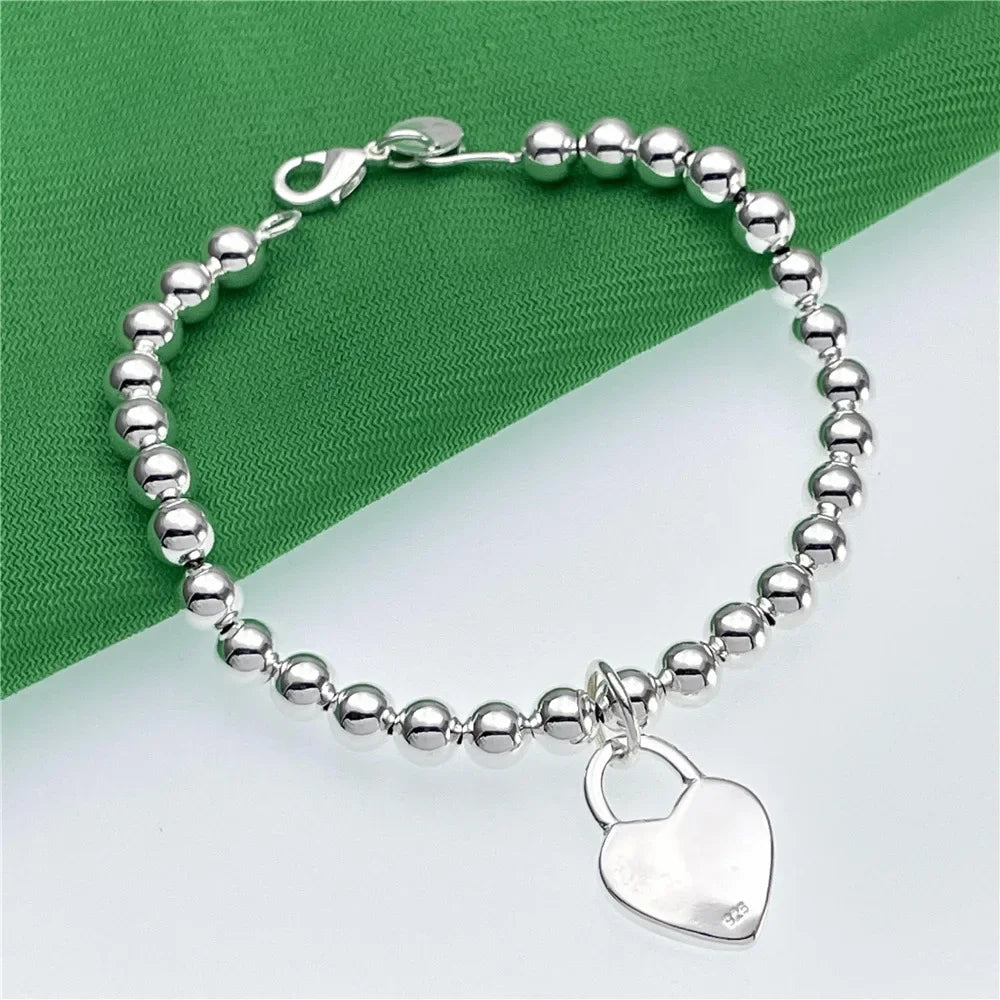 New 925 Sterling Silver Charm 6MM Beads Chain Heart Bracelet for Women Fashion Party Wedding Jewelry Couple Gifts Qme