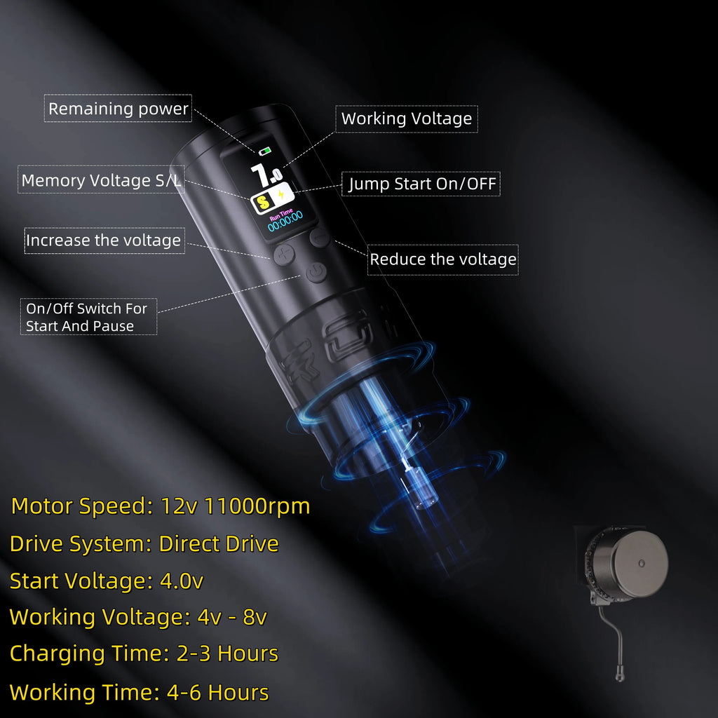 ROKYO Wireless Tattoo Machine Cartridge Pen Direct Drive Brushless Motor 4.0mm Stroke Battery Power For Liner Shading Tattoo Qme