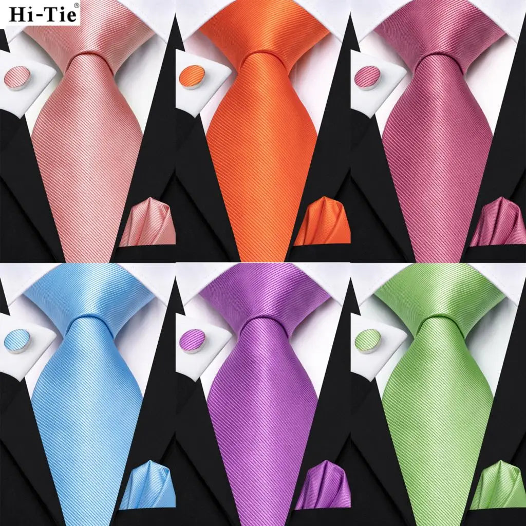 Hi-Tie Solid Orange Blue Mens Fashion Necktie Handkerchief Cufflinks for Tuxedo Accessory Classic Silk Luxury Tie for Man Gift Qme