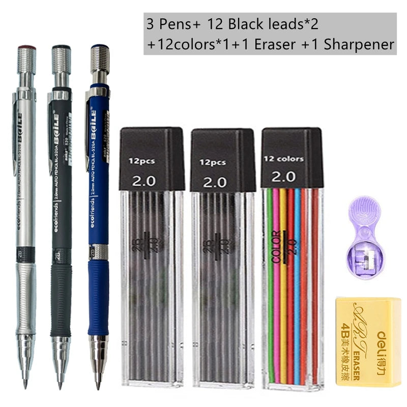 2.0mm Mechanical Pencil Set with 2B Black/Colors Lead Refill for Writing Sketching Art Drawing Painting School Automatic Pencil Qme Mix color set B