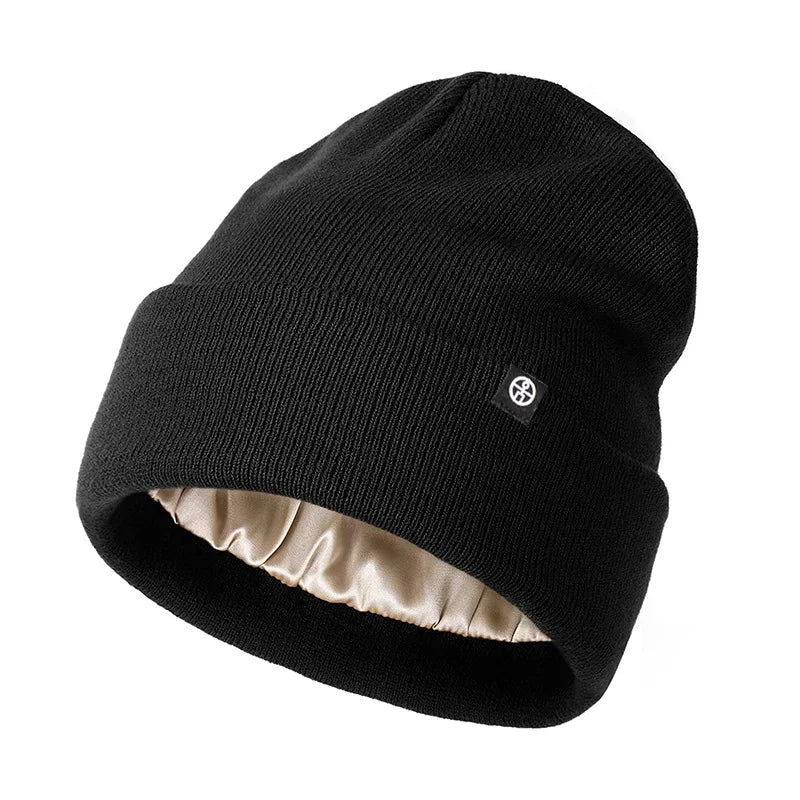 Caps Men Women Knitted Solid Silk Lined Hats Winter Outdoor Qme black One Size