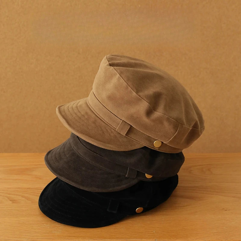 Vintage Navy Autumn Winter Hat High-end Suede Flat Newsboy Cap Qme