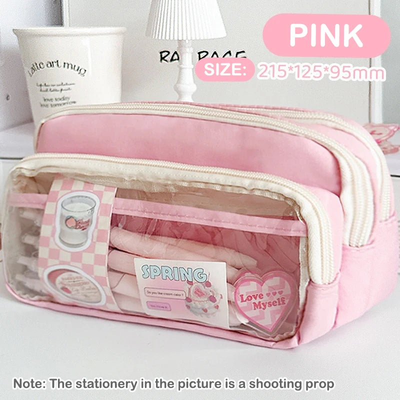 Chic Solid Pencil Case Korean Simplicity Transparent Pen Pouch Large Qme Pink