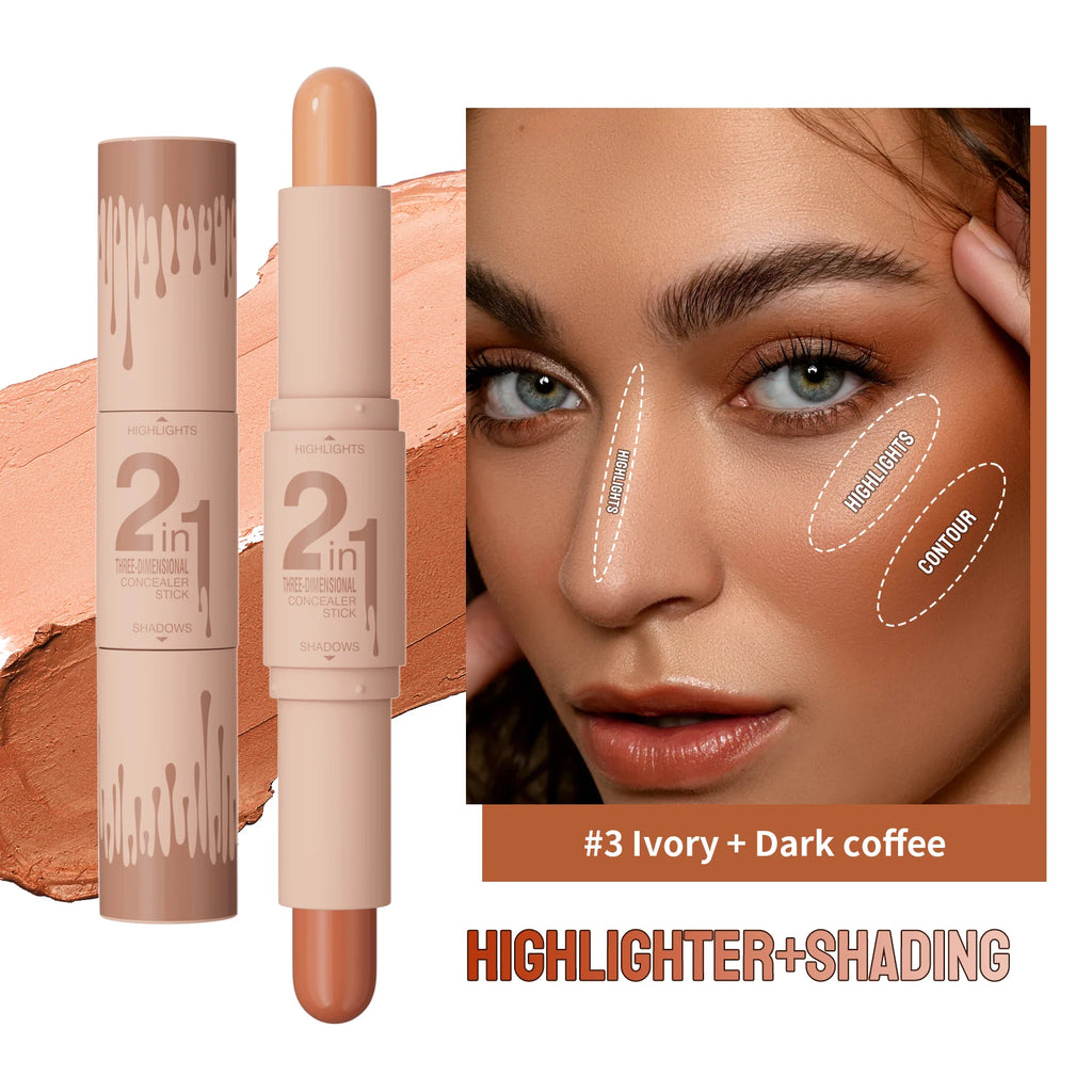 Double-ended dual-purpose high-light trimming stick, three-dimensional contour, nose shadow, facial shape, brighten and trimming Qme 9512-3