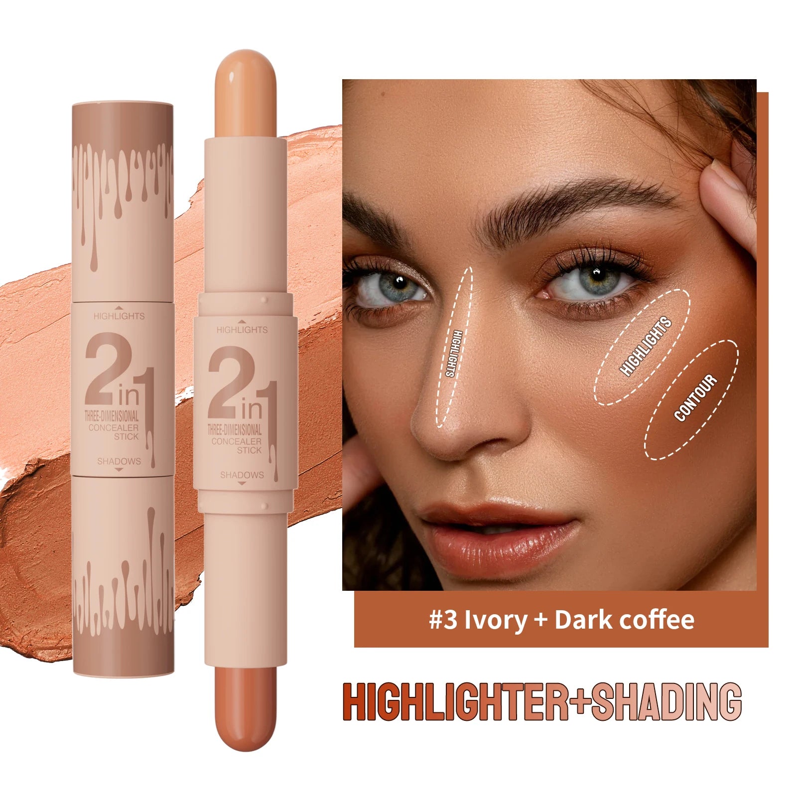 Double-ended dual-purpose high-light trimming stick, three-dimensional contour, nose shadow, facial shape, brighten and trimming Qme 9512-3