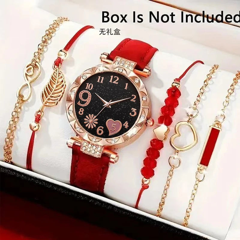 5Pcs Women Pink Suede Strap Watch Set, Floral Bezel Snowflake Dial Quartz Watch + Leaf Heart Pink Crystal Stack Bracelets Qme Coffee