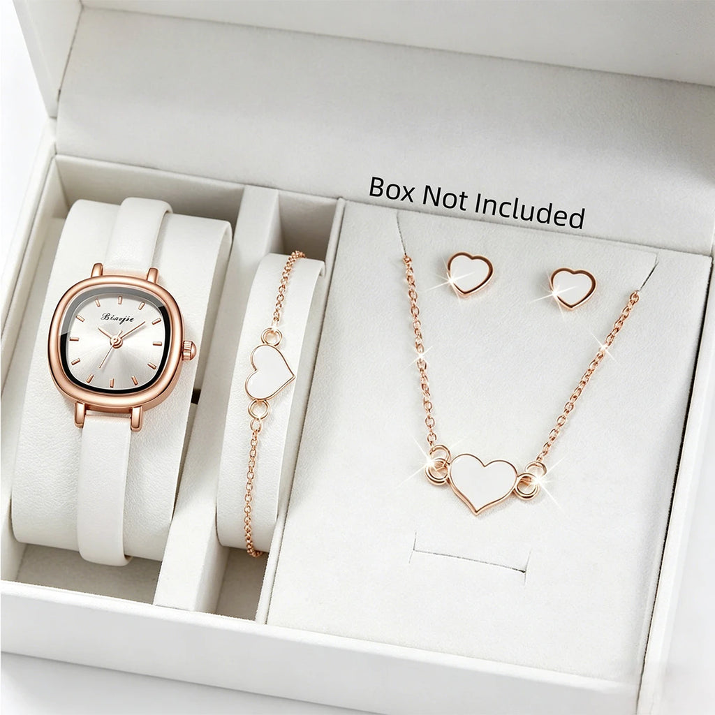 Women's Rose Gold Watch and Jewelry Combo Set, White Dial Watch + White Heart Bracelet + Necklace + Earrings, Perfect Gift Qme White No Box