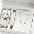 Women's Rose Gold Watch and Jewelry Combo Set, White Dial Watch + White Heart Bracelet + Necklace + Earrings, Perfect Gift Qme White No Box
