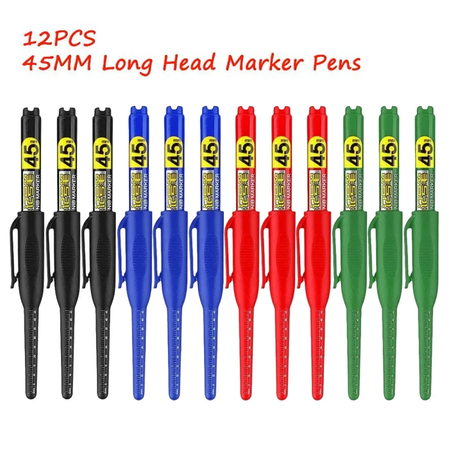 12Pcs Long Head Marker Pens, Special Oil-Based Woodworking Markers for Ceramics, 45MM Long Nib, Black/Blue/Red/Green Ink Qme