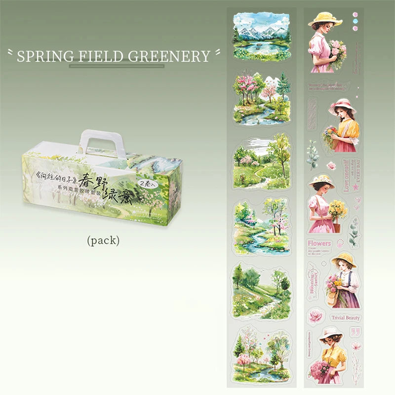 2 Rolls / Bag Pastoral Style Washi Tape Set Landscape decorative collage materials for junk journals, must-have for DIY craft Qme B
