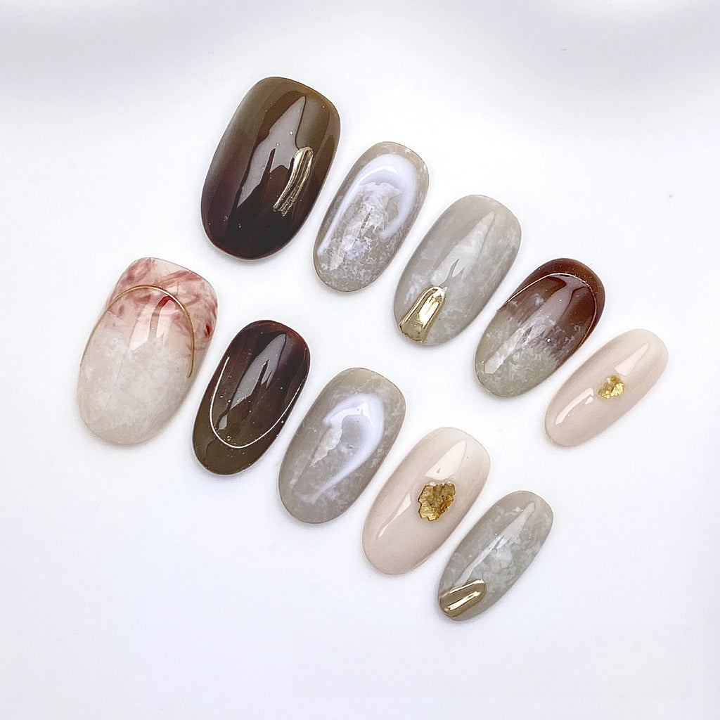 Handmade Simple Brown Grey Fake Press Nails Golden Line Design Tips Qme GJ-CDJ-ZB95-M