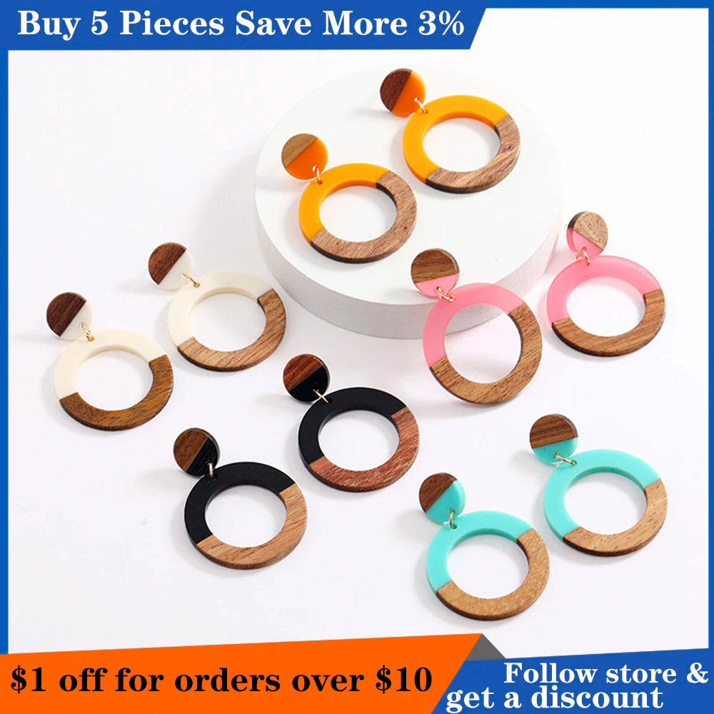 New Personalized Wood Splicing Resin Earrings Simple Round Hollow Dangle Earrings Best Party Wedding Anniversary Jewelry Gift Qme
