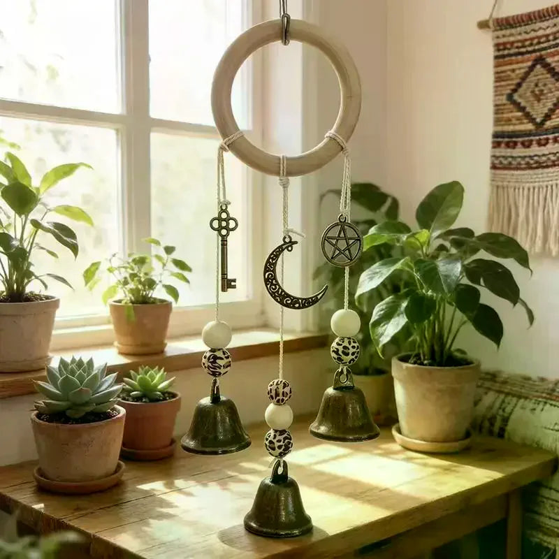 Bohemian Wind Chime With Natural Wooden Hoop And Vintage Metal Bells Perfect For Porch Balcony Boho Style Home Wall Decoration Qme