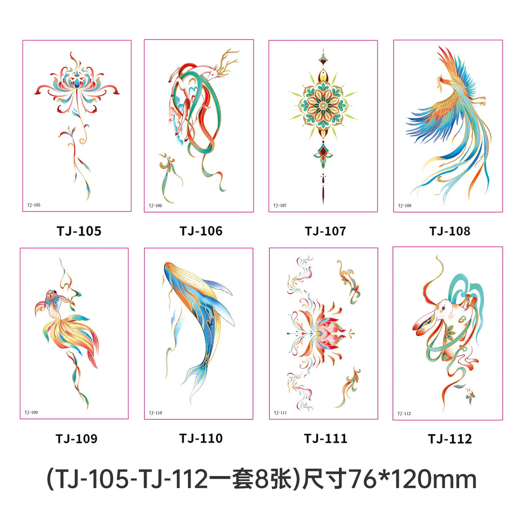 A Golden Foil Phoenix Pattern Tattoo Stickers, Waterproof Sweatproof Decals for Arm Collarbone Hanfu Shooting Fashion Body Decor Qme 8pcs TJ-105-112