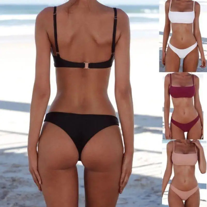 Women's Bikini Solid Two Swimsuit Sexy Spaghetti Strap Beach Swimwear Qme