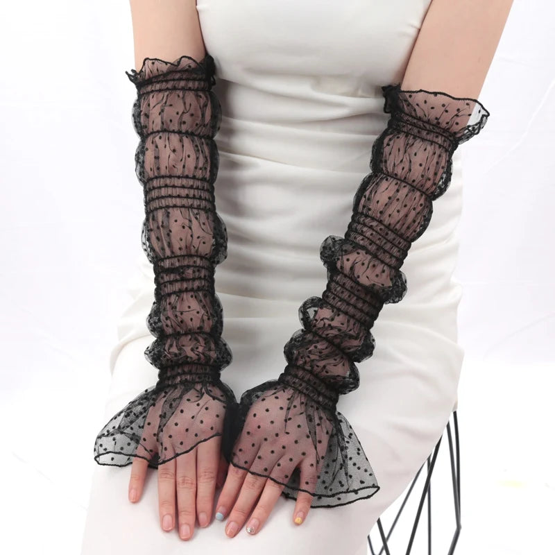 Long Cute Lace Mesh Fingerless Gloves Summer Sunscreen Sleeves Qme black